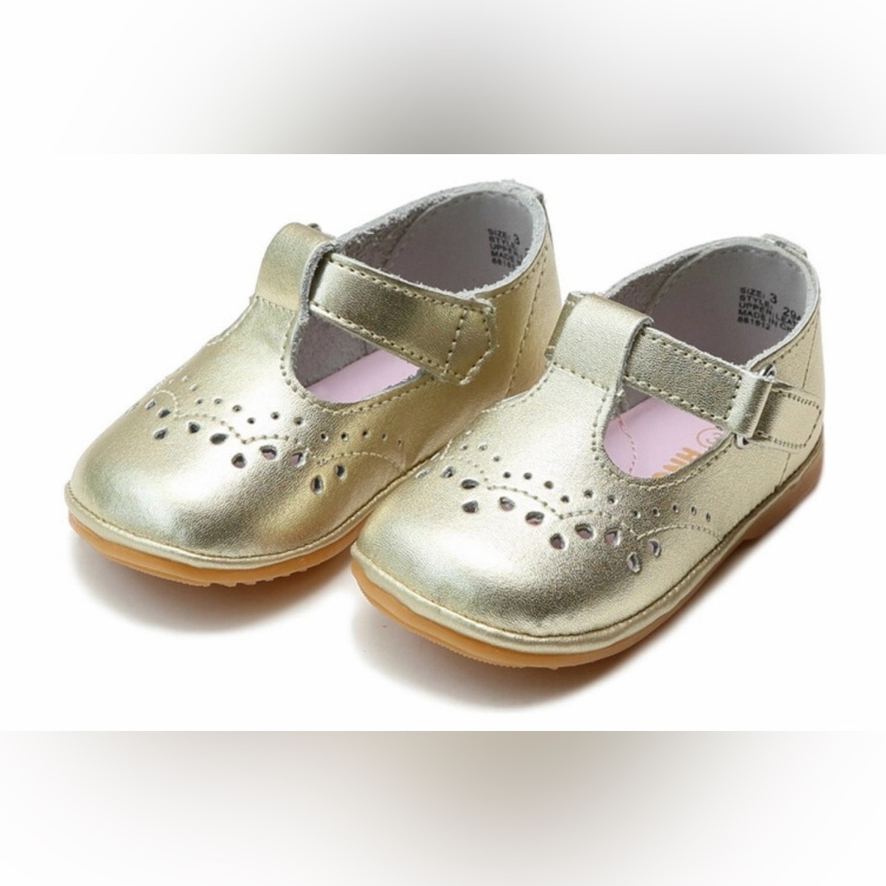Angel Shoes Baby Birdie Leather T-Strap Stitched Mary Jane, Gold, Size 4